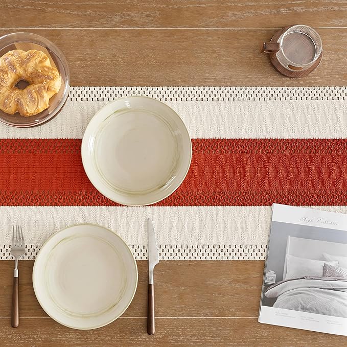 ZeeMart Macrame Style Bicolor Stitching Table Runner, 14 x 72 Inch Orange/Ivory, Boho Burnt Orange Fall Table Runners 72 Inches Long, Farmhouse Woven Fall Home Decor