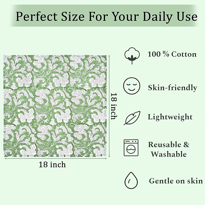 Ridhi Sage Green Hand Block Print 100% Cotton Napkins 18" x 18" (Set of 4) Reuseable Kitchen Napkins Cloth Decor Dinner Party Wedding Cocktail Gift for Spring, Easter, Valentine