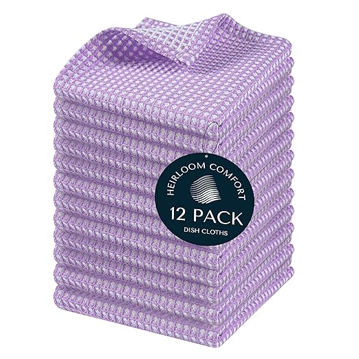 12 Pack Dual Tone Waffle Weave Dish Cloth, 12x12 Inches, 100% Cotton, Reversible, Super Absorbent, Quick Dry, Durable Dishcloth Set, Soft Hand Towels for Cleaning, Lavender