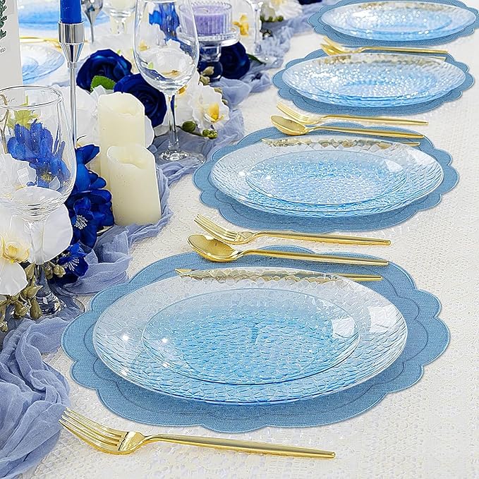 Set of 6 Blue Cotton Linen Placemats 15 Inch Embroidery Scalloped Placemats Pure Floral Table Mats Washable Fabric Table Mats for Wedding Baby Shower Tea Party Festival Spring Holiday Decor