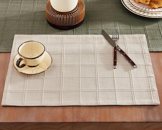 ZeeMart Linen Checked Placemats Set of 6, Plaid Embroidery Textured Table Mats, Double Layer Thick Farmhouse Rustic Place Mats for Kitchen Dining Table Home Decor, Beige 13x19 Inch