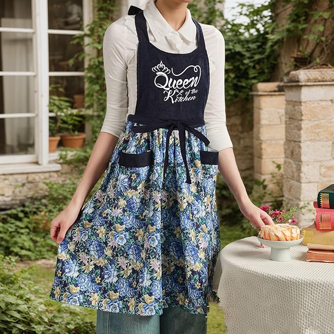Cute Floral Aprons for Women with Pockets,Cotton Adjustable Neck Strap Apron for Kitchen Cooking Baking Gardening