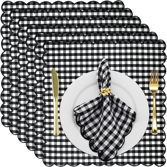 SmoothNovelty 12 Pack Buffalo Plaid Cloth Napkins 18x18 Inch Spring Checkered Cloth Napkins Scalloped Soft Cotton Table Mat Washable Reusable for Dinner Wedding Birthday Parties (Classic,Black)