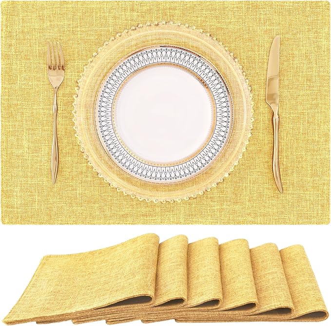 homing Cotton Linen Placemats Set of 6, Cloth Washable Farmhouse Dining Table Mats for Indoors & Outdoors, Easy to Clean, Mustard Yellow, 13 x 19 Inch