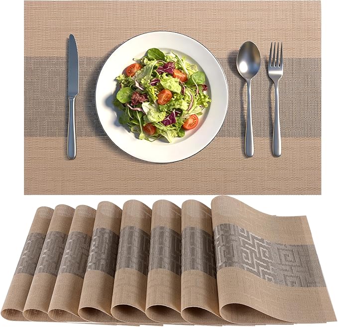 Timeet Placemats Set of 8, Heat Resistant Non-Slip Place Mats for Dining Table, Durable Washable PVC Vinyl Woven Table Mats, Resistant Kitchen Placemats Easy to Clean(Beige & Gray