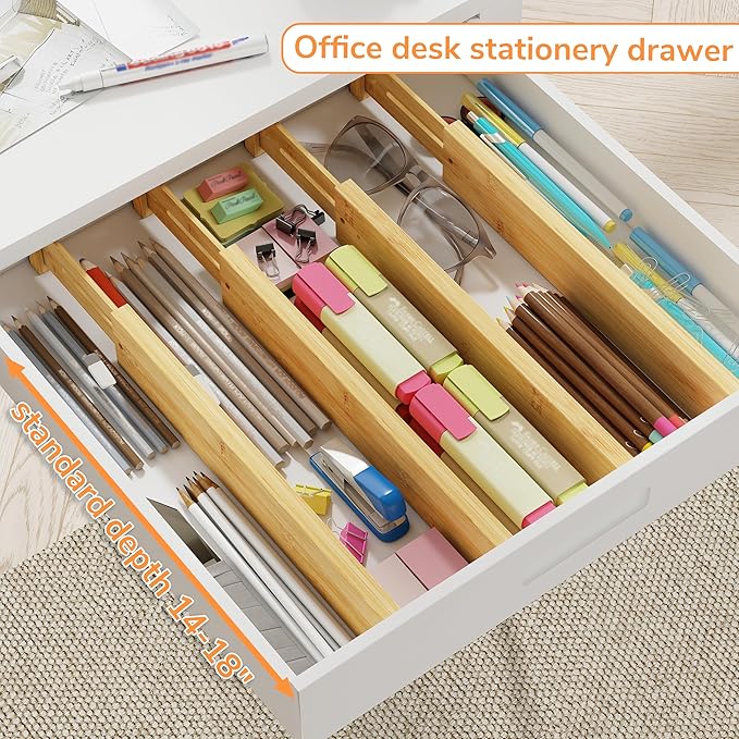 BAMEOS Drawer Divider,Expandable Bamboo Separators Adjustable Utensil Knife Fork Tool Kitchen Organizer, Clothes Fabric Drawer Organizer In Bathroom Bedroom Office, Cabinet Dresser Organizer 4-pack