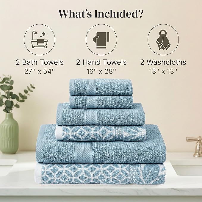 Modern Threads Botanical Vine 6-Piece 100% Cotton Towel Set – Reversible Yarn Dyed Jacquard – Includes 2 Bath Towels, 2 Hand Towels, 2 Washcloths – Absorbent, Quick Dry, Soft & Durable – Blue