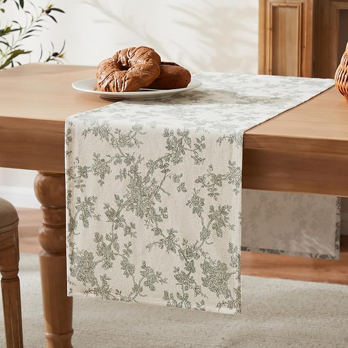 100% Cotton French Pastoral Table Runners, 13x60 Inch Green Farmhouse Table Runners 60 Inches Long, Vintage Flowers Print Home Decors