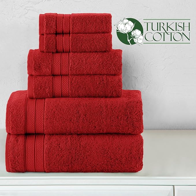 Elegant Comfort Luxury 6-Piece Towel Set, Premium Soft 100% Turkish Cotton, Three Line Popcorn Design 2 Bath Towels, 2 Hand Towels and 2 Washcloths Towel Set - Quick-Drying and Absorbent, Red