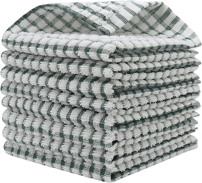 Cotton Cleaning Rags Terry Dish Cloths for Washing Dishes, Set of 8 Dish Rags for Cleaning, Light and Soft Dish Towels for Kitchen Drying Dishes, 11.8 Inch x 11.8 Inch (Dark Green)