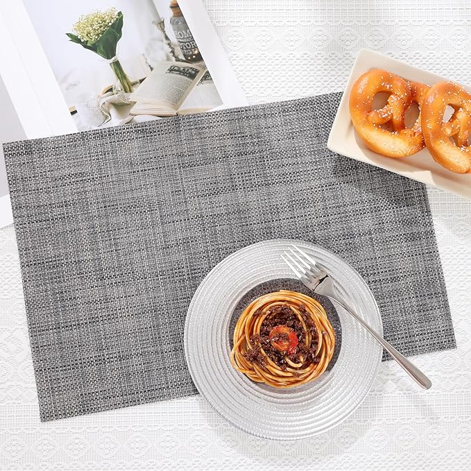 SHACOS Placemats Set of 4 for Dining Table Woven Vinyl Reversible Table Mats Wipe Clean Non Slip Place Mats Indoor Outdoor, Dark Gray