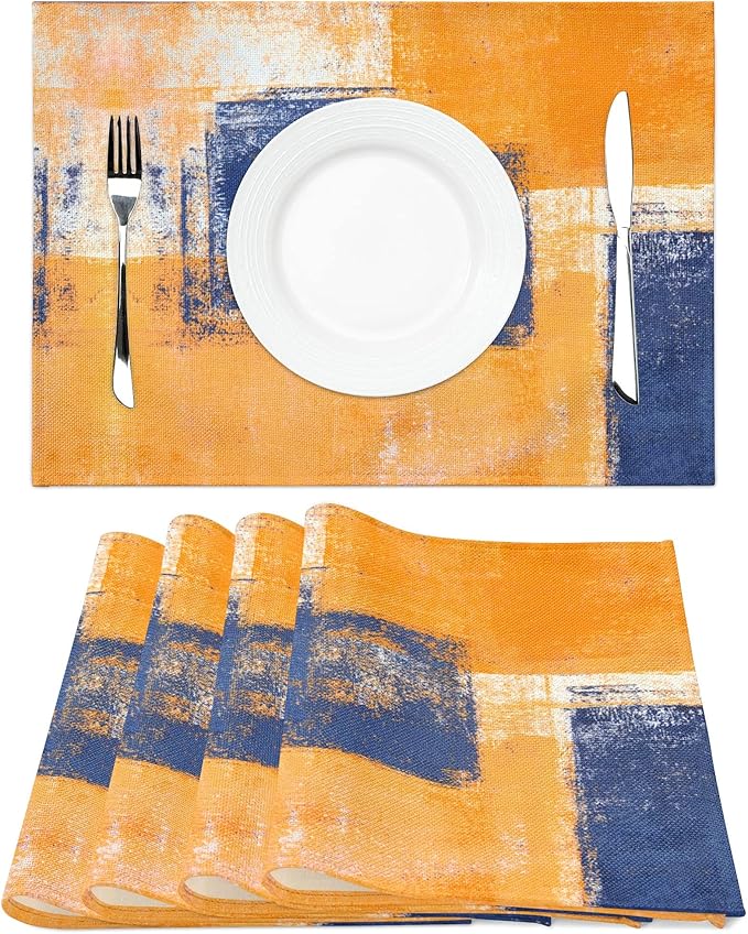 Modern Art Placemats Set of 4 Yellow Abstract Painting Place Mats Washable Linen Blue Placemat for Kitchen Dining Table Home Dinner Party Decor 18x12 Inches