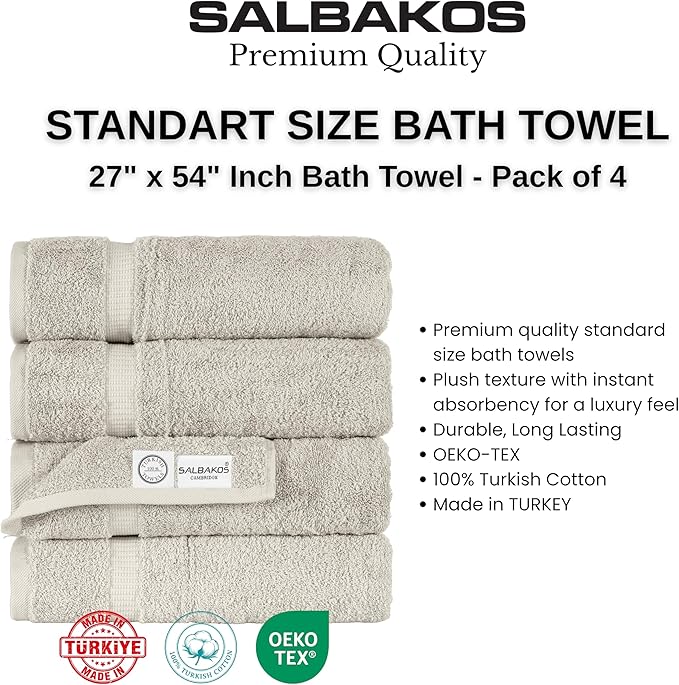 SALBAKOS 100% Turkish Cotton Bath Towels | 4 Piece Turkish Bath Towels Stone 27x54 in Standard Size | Premium Hotel Quality, Super Absorbent, Thick & Plush Turkish Bath Towel (Stone, 4 Bath Towels)
