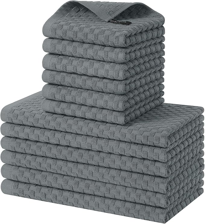 Homaxy 100% Cotton Kitchen Towels and Dishcloths Set, 12 x 12 & 15 x 25 Inches, Set of 12 Bulk Terry Cloth Dish Towels, Super Soft and Absorbent Hand Towel with Hanging Loop, Dark Grey
