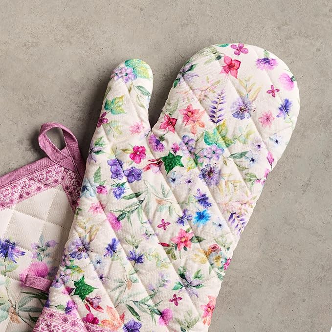 Maison d' Hermine 100% Cotton Oven Mitt & Pot Holder Set (7.5"x13" & 8"x8") Heat Resistant BBQ Cooking Gloves with Loop Baking Grilling Kitchen Gifts for Mothers Day Spring/Summer (Chardon)