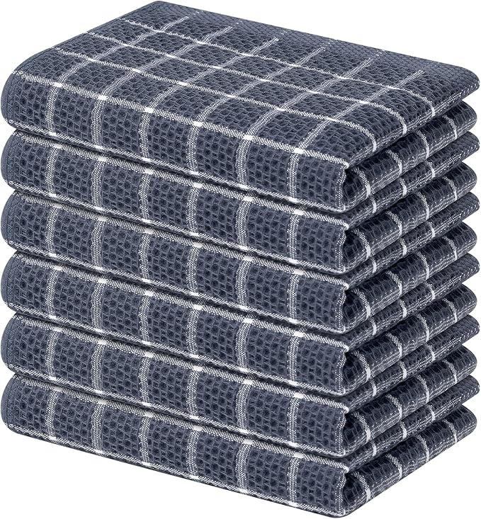Homaxy 100% Cotton Kitchen Towels 6 Pack-15 X 25 Inches, Check Design Waffle Weave Hand Tea Towels, Super Soft and Absorbent Dish Towel for Drying Dishes, Grey