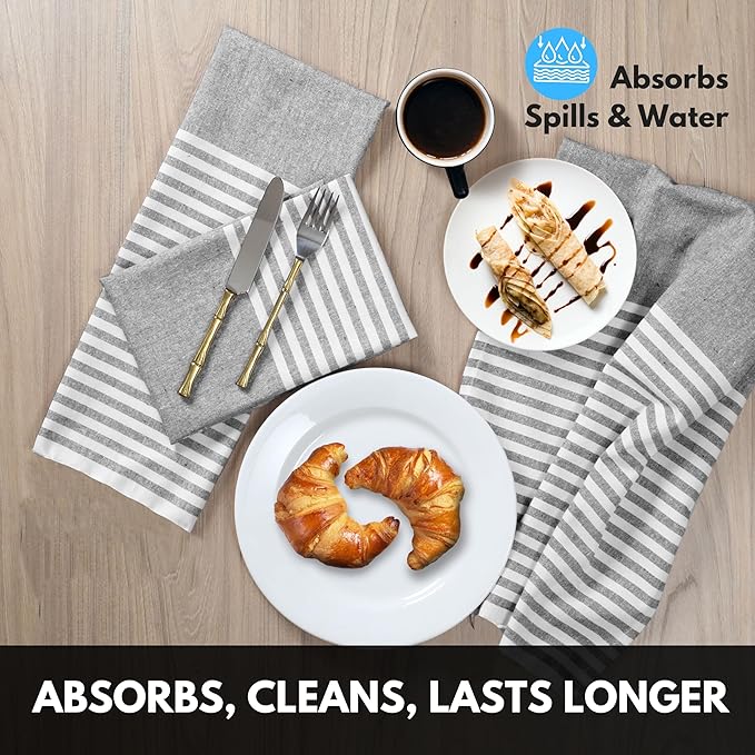Cloth Napkins 18x18 Inches - Striped Design, 100% Cotton, Reusable & Durable Fabric Napkins for Dining, Everyday Meals, Events, Parties - Machine Washable, Set of 4, Charcoal Grey