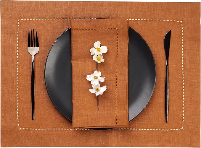 D'Moksha Homes Rust Linen Placemats Set of 4 - Classic Hemstitch Placemats 14 x 19 Inch - 100% Pure Linen Table Mats for Spring - Handcrafted and Machine Washable
