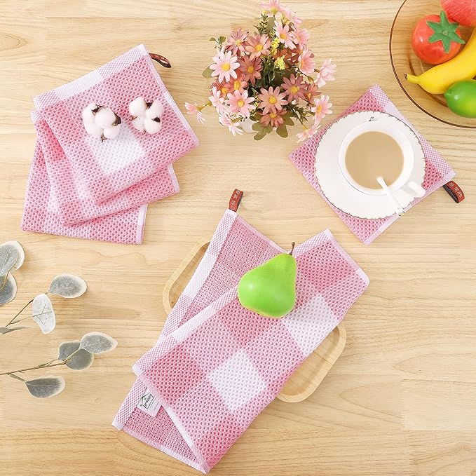 Homaxy 100% Cotton Waffle Weave Check Plaid Dish Cloths, 12 x 12 Inches, Super Soft and Absorbent Dish Towels Quick Drying Dish Rags, 6-Pack, White & Pink