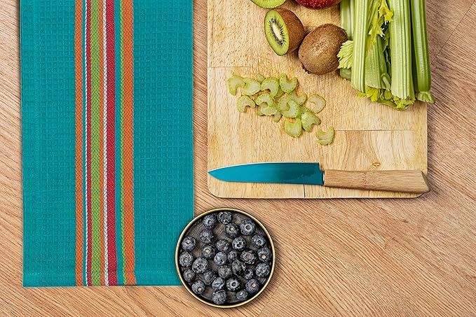 COTTON CRAFT Salsa Stripe Kitchen Towels - 12 Pack 100% Cotton Tea Dish Towels - Absorbent Reusable Low Lint Quick Dry - Multi Purpose Cooking Drying Restaurant Bar Cleaning Cloth Napkin - 16x28 Multi