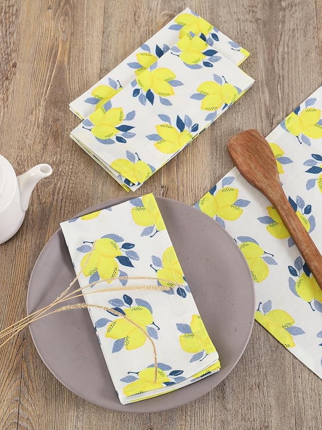 TARAN LIVING Printed Cotton Cloth Napkins Fall Dinner Napkin Set Reusable Machine Washable Fabric for Gifting, House Party Events, Home Decor, Craft - 18"x18" - Set of 4 - Lemon Print