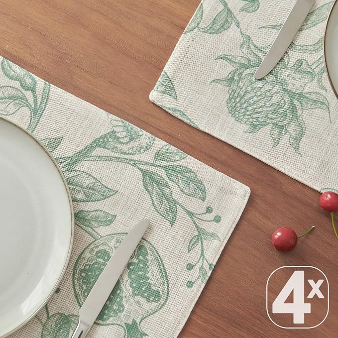 JINCHAN Linen Floral Placemats Set of Cloth Table Mats Rustic Cottagecore Botanical Outdoor Seasonal for Kitchen Dining Decor Heat Resistant Non-Slip Washable Tablemats 13x19 Inch Sage Green