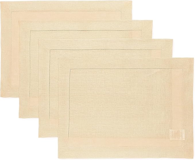Solino Home Linen Placemats Set of 4 - Classic Hemstitch Beige Placemats 14 x 19 Inch - 100% Pure Linen Table Mats for Spring, Summer, Mothers Day