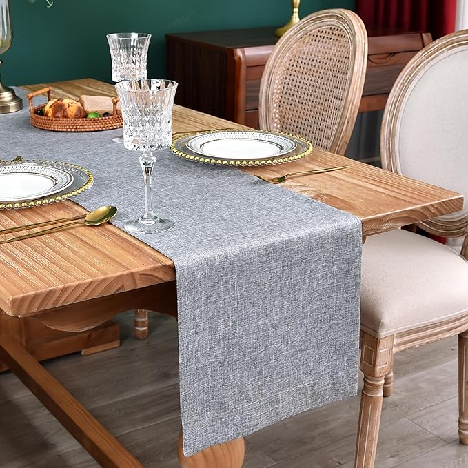NEWISHER Farmhouse Rustic Table Runner Solid Grey Rectangular Table Runners Faux Linen Table Runner for Everyday Use Kitchen Dining Party Table 13x48 Inch