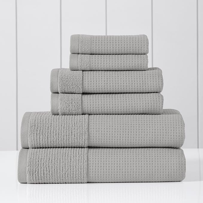 Modern Threads Waffle-Rib 6-Piece Towel Set – Premium Cotton Bath Towels, Ultra-Absorbent & Soft, Elegant Waffle Texture for Bathroom & Spa, Oyster