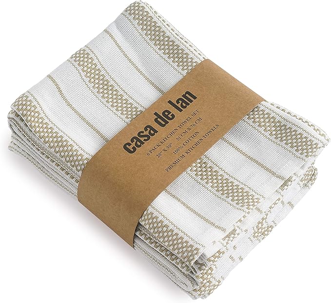 Kitchen Towels Set – Pack of 6 (20’’ x 30’’) Extra Large Premium Cotton Dish Towels for Kitchen – Chain Stripe Towels – Absorbent – 100% Cotton – with Hanging Loop – Beige