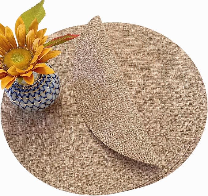 SLOW COW Round Place Mats Set of 4 Linen Placemats for Dining Table Machine Washable 15 inches Natural Linen
