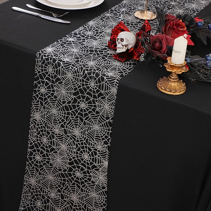 Snowkingdom Halloween Table Runner, Silver Spider Web Metallic Sequin Glitter Sheer Runners Roll 120", Black Table Decorations for Halloween, Wedding, Birthday, Themed Party, Christmas