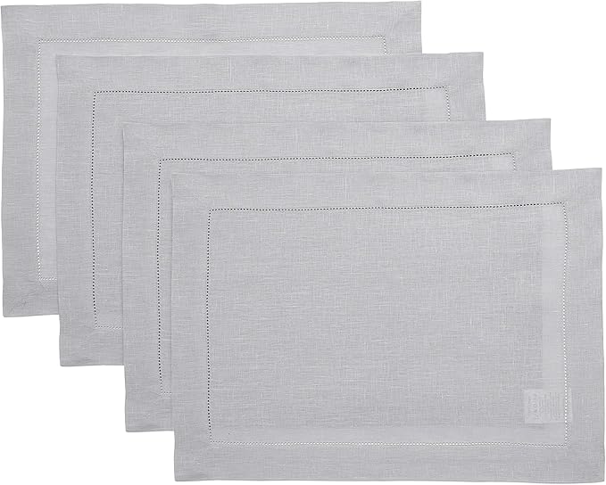 Solino Home Linen Placemats Set of 4 - Classic Hemstitch Soft Grey Placemats 14 x 19 Inch - 100% Pure Linen Table Mats for Spring, Summer, Mothers Day