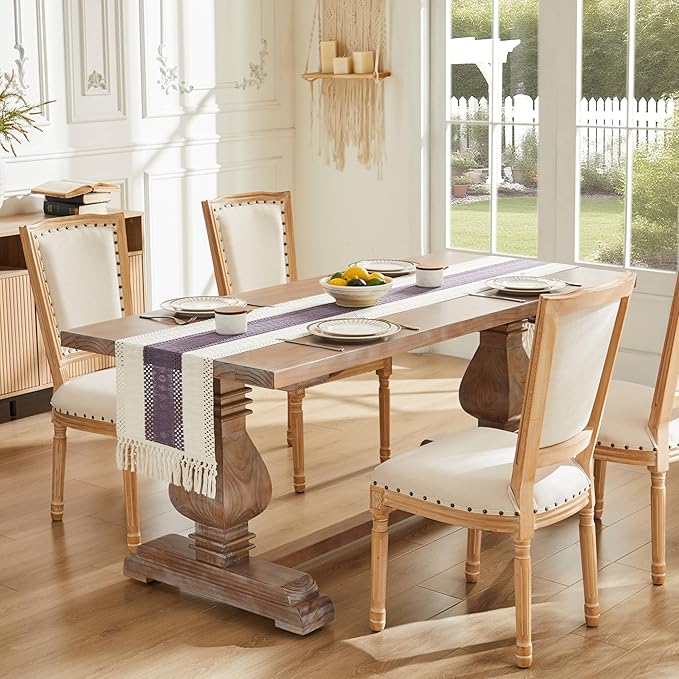 ZeeMart Macrame Style Bicolor Stitching Table Runner, 14 x 72 Inch Purple/Ivory, Boho Purple Table Runners 72 Inches Long, Farmhouse Woven Home Decor