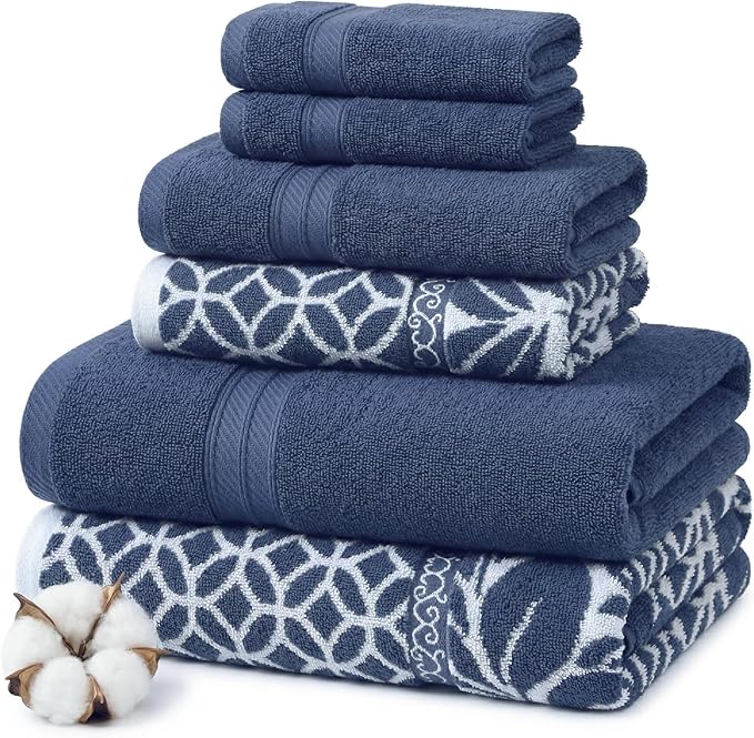 Modern Threads Botanical Vine 6-Piece 100% Cotton Towel Set – Reversible Yarn Dyed Jacquard – Includes 2 Bath Towels, 2 Hand Towels, 2 Washcloths – Absorbent, Quick Dry, Soft & Durable – Navy