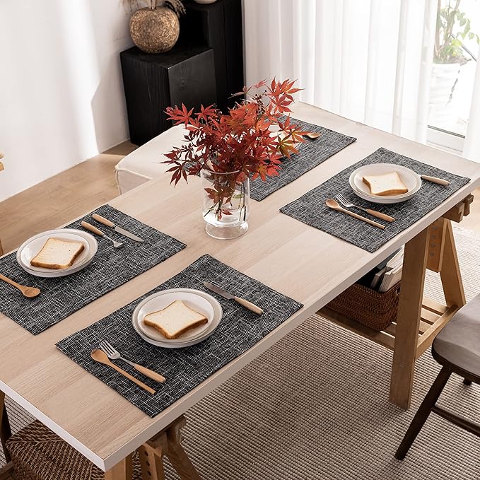 Kevin Textile Halloween Burlap Linen Placemats Set of 6 Heat Resistant Dining Table Place Mats Washable Kitchen Table Mats for Dinning Party Holiday Indoor Outdoor, 13 x19 inches, Black