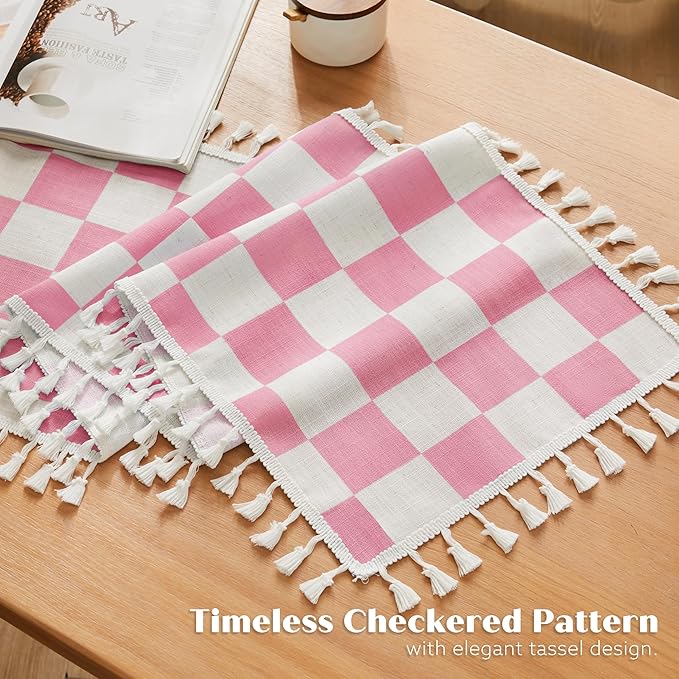 Ohocut Pink Checkered Table Runner with Tassel Farmhouse Rustic Vintage Retro Linen Table Runner 72 Long for Dinning Race Party Decoration 13''x72''
