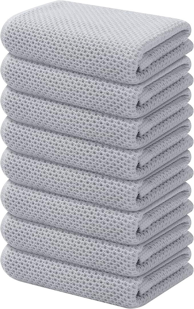 Kitinjoy 100% Cotton Waffle Weave Kitchen Hand Towels (13 x 28 Inches, Light Grey), 8-Pack Super Soft and Absorbent Dish Towels for Drying Dishes