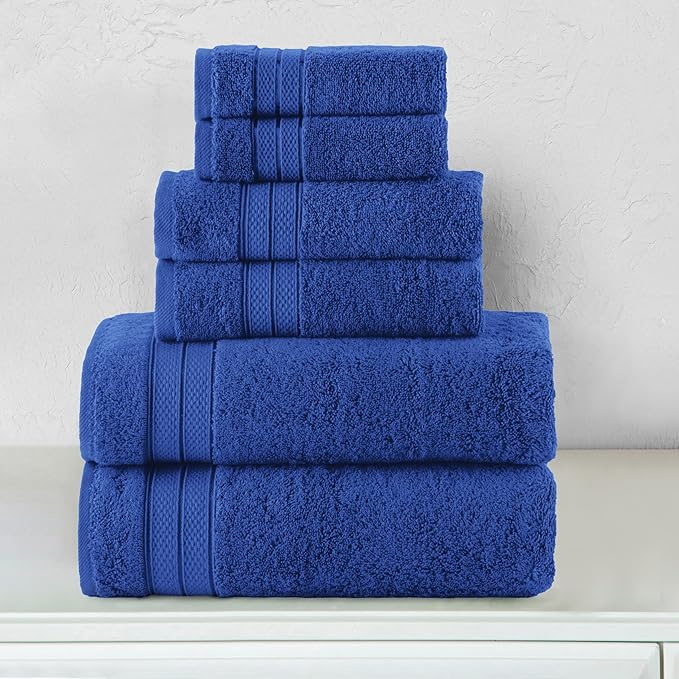 Elegant Comfort Luxury 6-Piece Towel Set, Premium Soft 100% Turkish Cotton, Three Line Popcorn Design 2 Bath Towels, 2 Hand Towels and 2 Washcloths Towel Set - Quick-Drying and Absorbent, Cobalt Blue