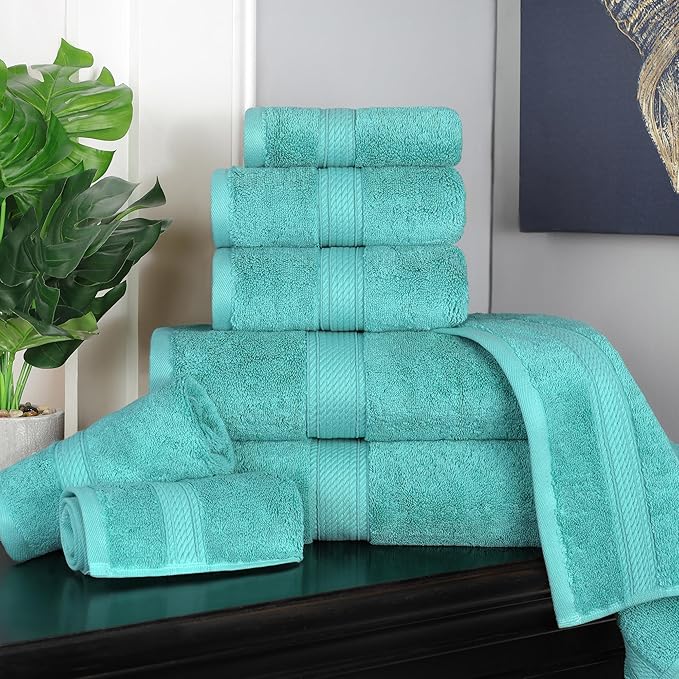 SUPERIOR Egyptian Cotton Pile 8 Piece Towel Set, Includes 2 Bath, 2 Hand, 4 Face Towels/Washcloths, Ultra Soft Luxury Towels, Thick Plush Essentials, Guest Bath, Spa, Hotel Bathroom, Turquoise