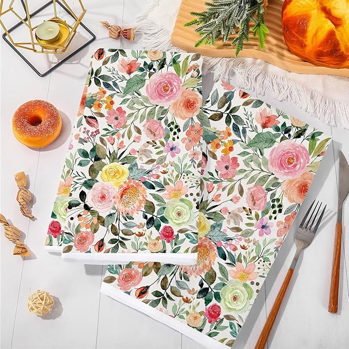 JarThenaAMCS Floral Kitchen Towel Watercolor Flower Dish Towel 18 x 28 Inch Vintage Rose with Leaves Hand Drying Tea Towel for Cleaning Wiping, 2Pcs