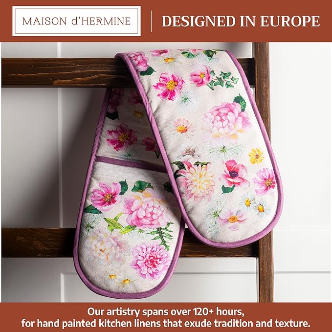 Maison d' Hermine Pivoine 100% Cotton Easter Double Oven Glove with Loop Heat Resistant for BBQ | Cooking | Baking | Grilling | Microwave | Barbecue | Spring/Summer (7.5 Inch by 35 Inch)