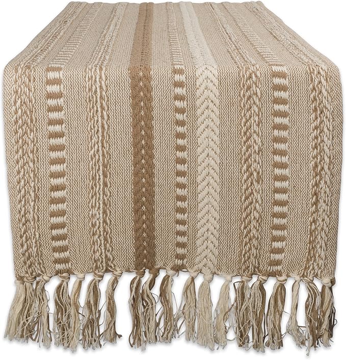 DII Farmhouse Braided Stripe Table Runner Collection, 15x108 (15x113, Fringe Included), Stone