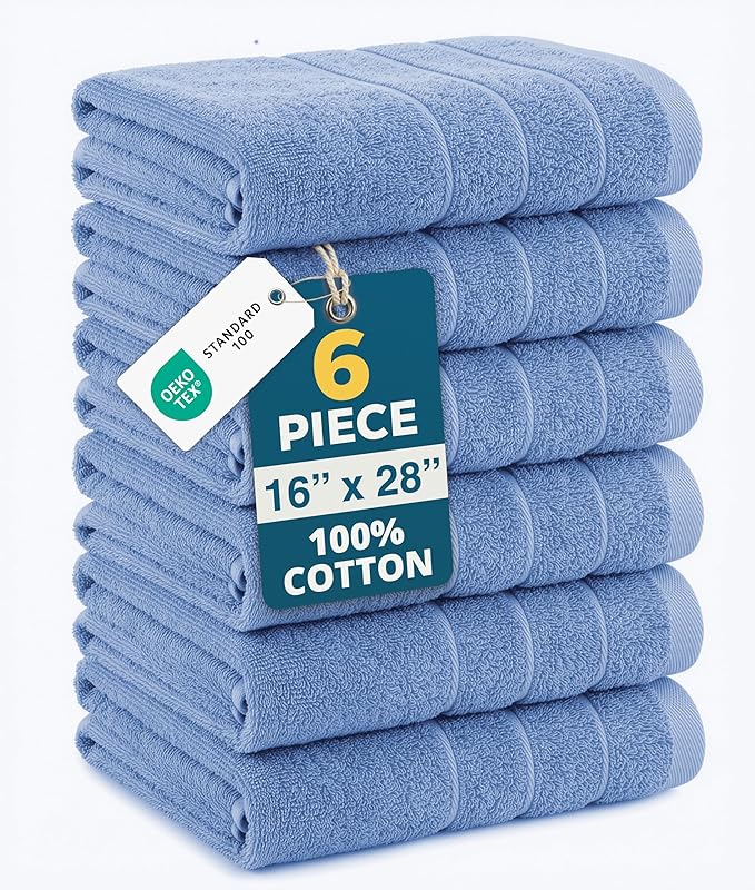 CASA PLATINO Bath Hand Towels for Bathroom - Pack of 6 (16"x28"), 100% Cotton Hand Towel - Soft, Durable, Quick Dry & Highly Absorbent - Hotel Quality Face Towels for Salons & Home Use - Cerulean Blue