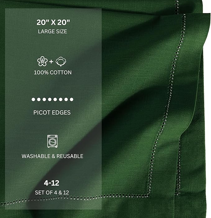 FINGERCRAFT Cloth Napkins, Hemstitch Napkins Cloth, 20x20 Inch Generous Golden Zari Picot Hem, Mitered Corner, Premium Quality Perfect for Parties Dinners Weddings Set of 12 Christmas Color Eden Green