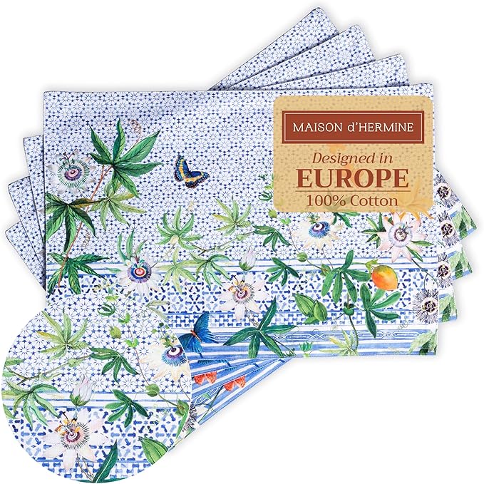 Maison d' Hermine Placemats Set of 4 100% Cotton Washable Cloth Place Mats Reusable Table Mats for Kitchen Dining Party Wedding Gifts for Mothers Day Spring/Summer (Passiflora, 13" x 19")