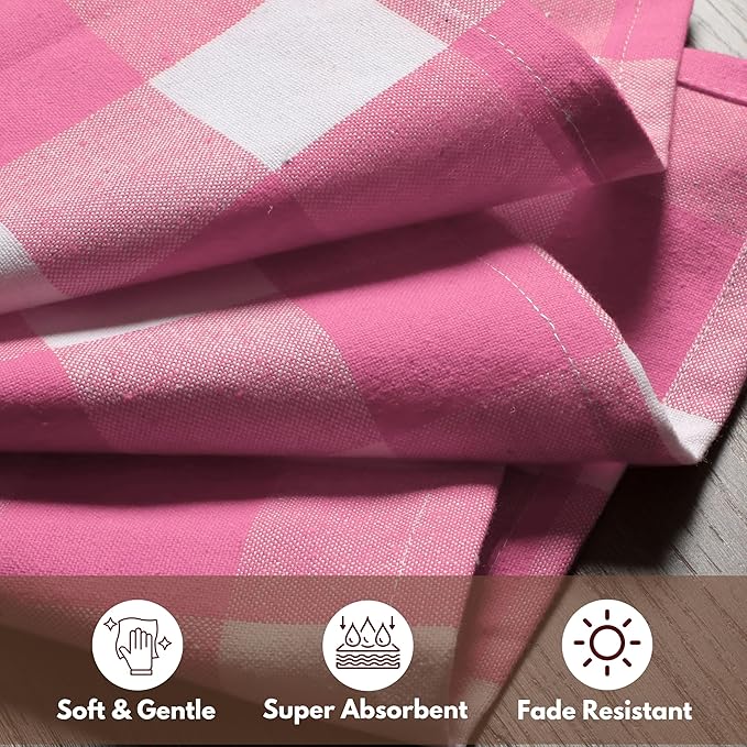 Native Fab Pink Buffalo Check Easter Napkins - Set of 4 (16x16) 100% Cotton, Gingham Checked Everyday Napkin - Soft, Absorbent, Washable Reusable Spring Table Linens for Family Dinner, Pastel Pink