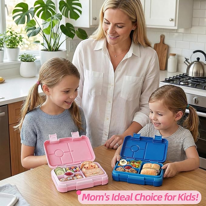 Bento Lunch Box for Kids, 6 Compartments BPA Free, Dishwasher Safe Back to School Snack Bento Lunch Containers Boxes, Ideal Portion Sizes for On-the-Go Meal, Ages 3+, School, Pink