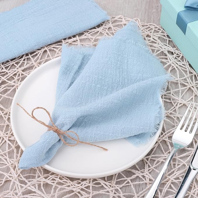 TURSTIN 24 Pieces Cotton Linen Cloth Napkin Handmade Cloth Napkin with Fringe 17 x 17 Inch Soft Cloth Dinner Wedding Napkin Square Rustic Fringe Table Napkin for Dinners, Parties, Weddings, Light Blue