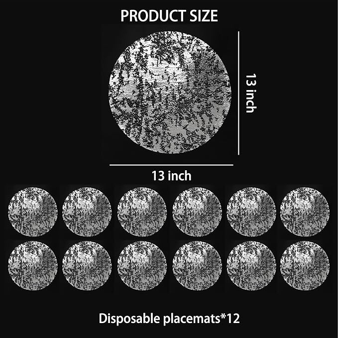 Snowkingdom Silver Disposable Placemats Set of 12 Foil Mesh 13 Inch Round Pressed Table Mates 12 Pack Silver Doilies for Dining Table Wedding Birthday Party Holiday Home Decoration
